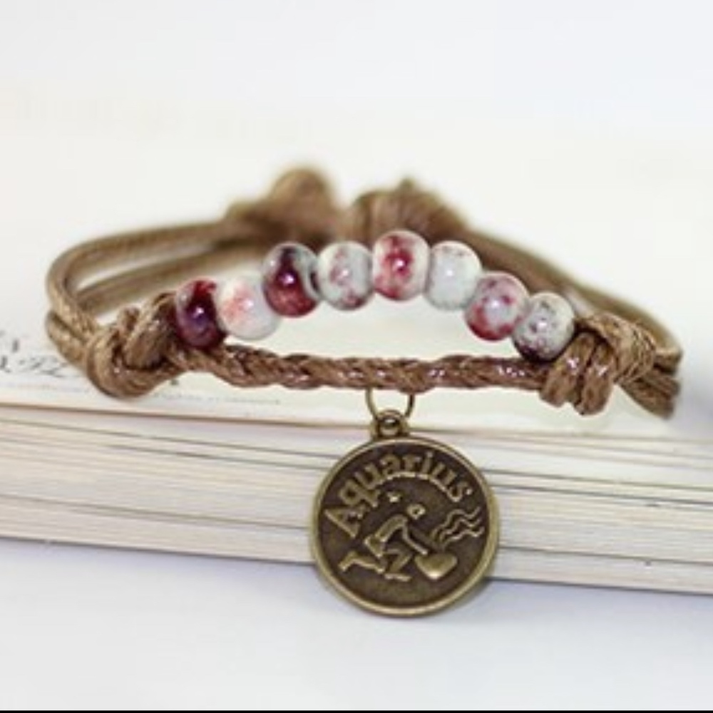 Aquarius Zodiac Charm Beaded Rope Bangle Bracelet - Picture 1 of 8